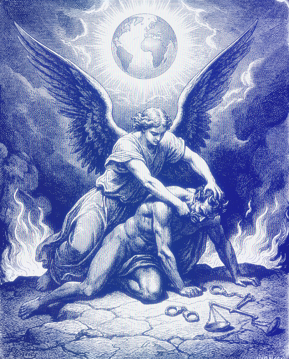 An angel with large wings is kneeling and holding back a man on the ground, with a crown and chain nearby, in a dramatic scene with clouds and the Earth in the background.