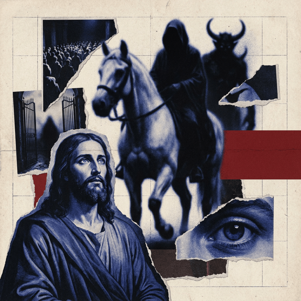 Collage featuring with torn paper edges: an illustration of Jesus Christ, a horse with a rider and a demon-like figure, a close-up eye, silhouettes of people and gates.
