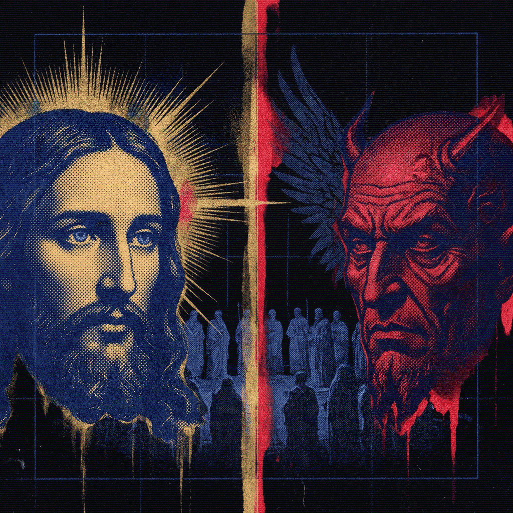 Street art mural depicting a split image of Jesus Christ and a devil, with figures of people standing in front of each side.
