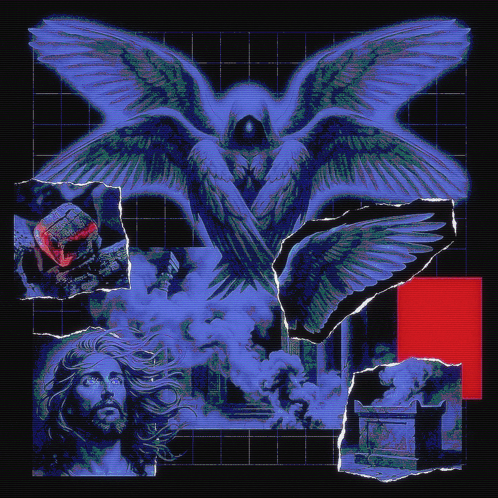 A collage featuring a geothermal mythological creature with wings, a detailed human face with long hair, a skull with red markings, and a red square, all illustrated in a neon, digital art style on a dark background.