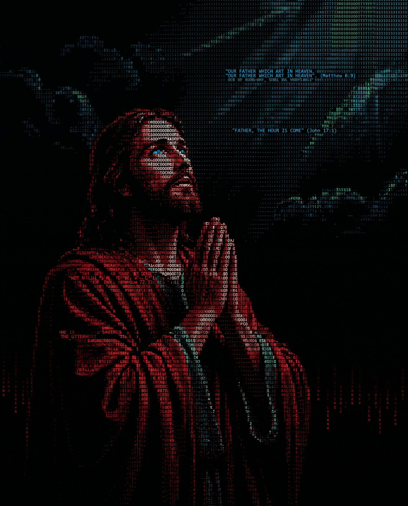 Digital art illustration of a woman with long hair, created with red, blue, and green code and data symbols, resembling a computer-generated image. Blue code quotes two Bible verses about heaven and the coming of the Lord.