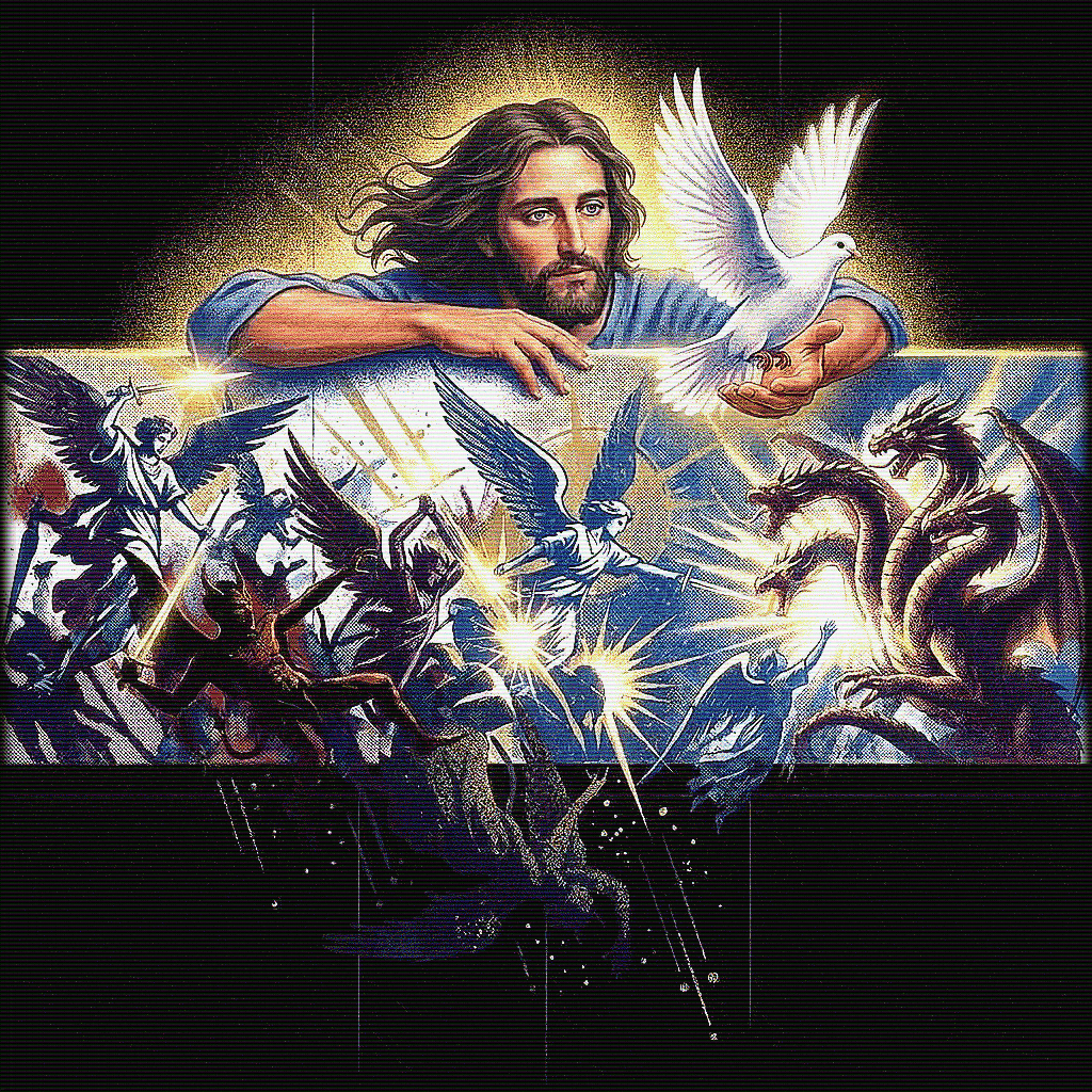 An artistic depiction of Jesus Christ surrounded by angels, doves, and mythical dragons, with a radiant aura behind him.