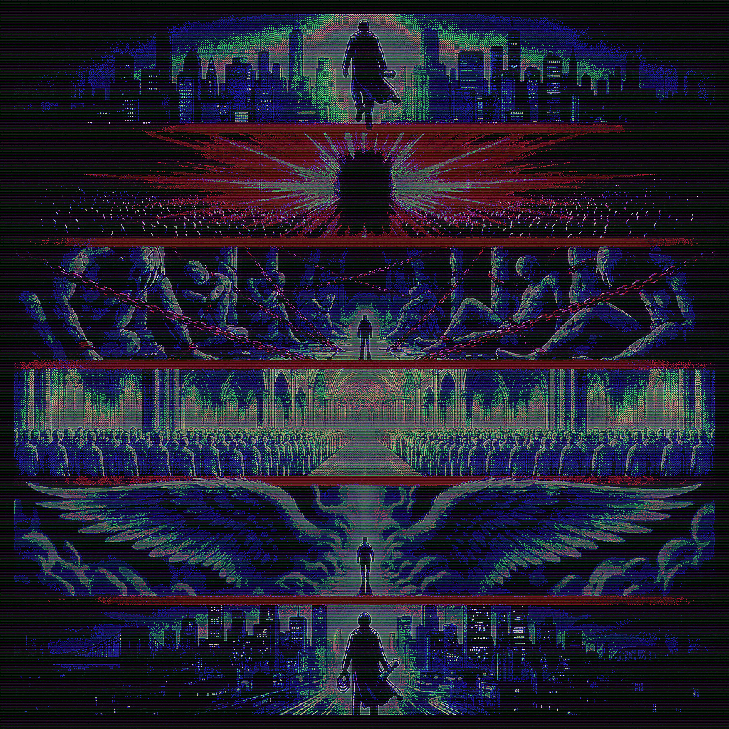 A digital art piece depicting a figure walking toward a city skyline, with multiple layers illustrating themes of power, control, and dystopia, including a large eye, soldiers, and winged figures.