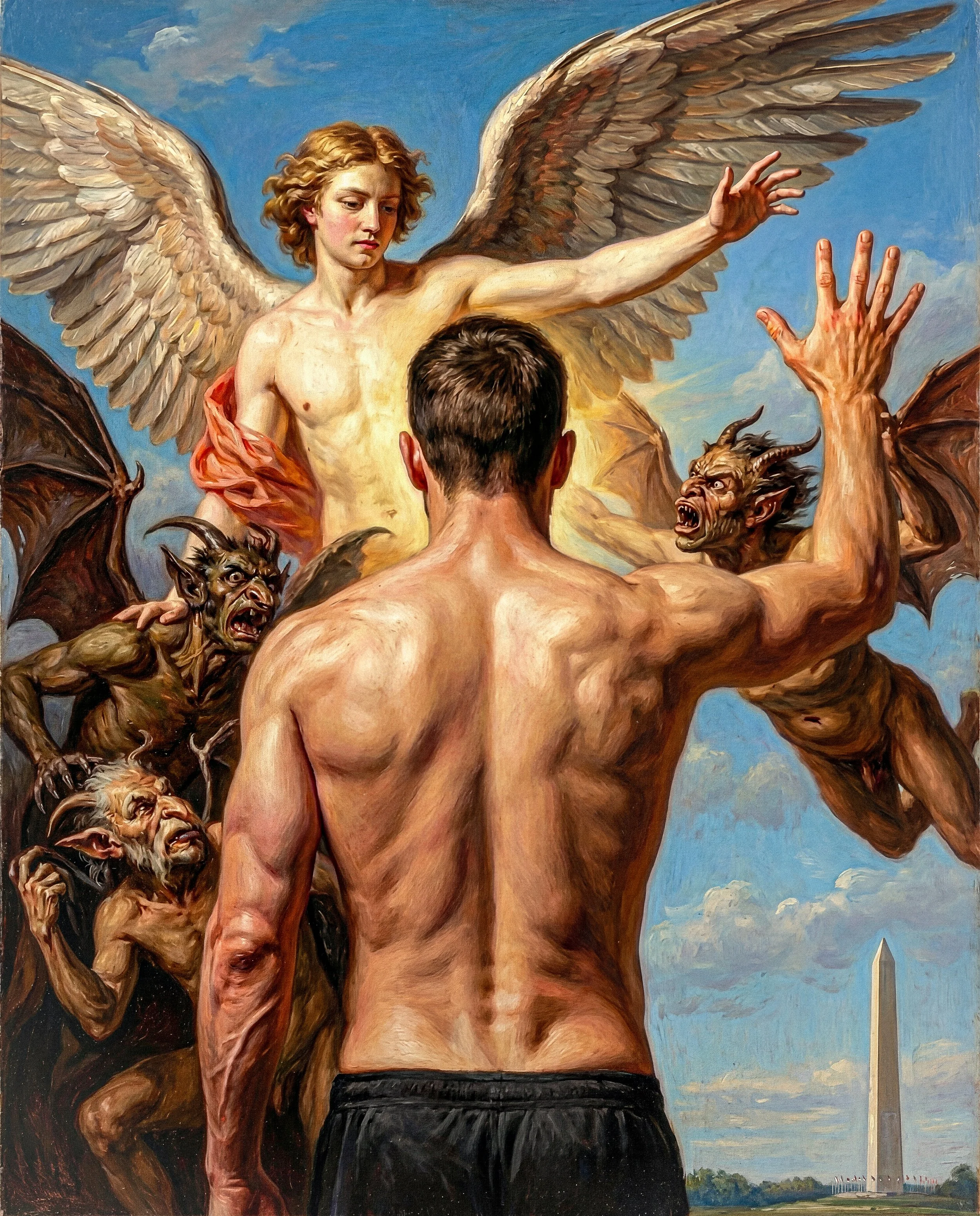 A painting of a winged angel placing a hand on a shirtless man's shoulder with his back to the viewer. The angel has blonde hair, large detailed wings, and a calm expression. The man has short brown hair, muscular back, and is wearing black pants. The background shows blue sky with clouds and the Washington Monument in the distance.