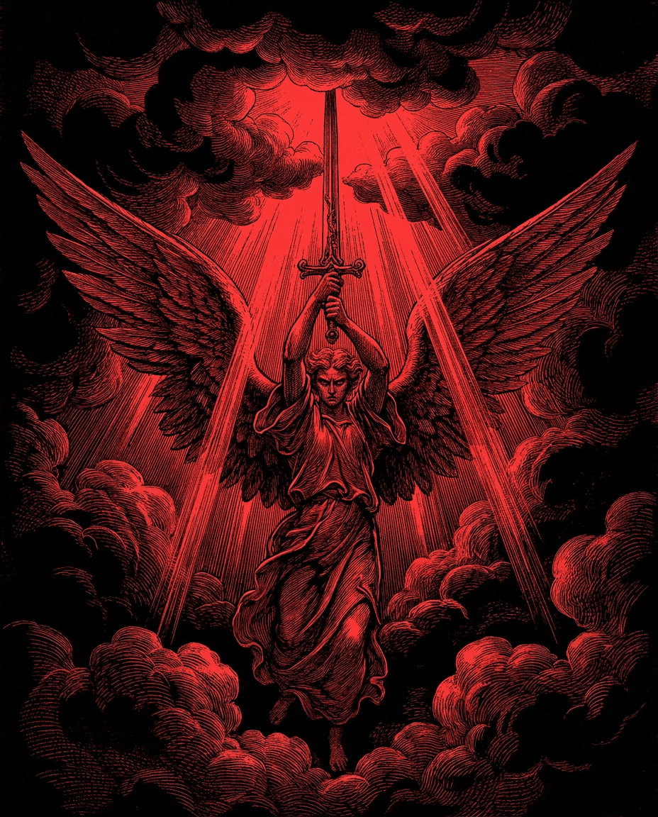 A black and red illustration of a winged angel with a fierce expression, holding a sword upright above her head, surrounded by clouds and rays of light.