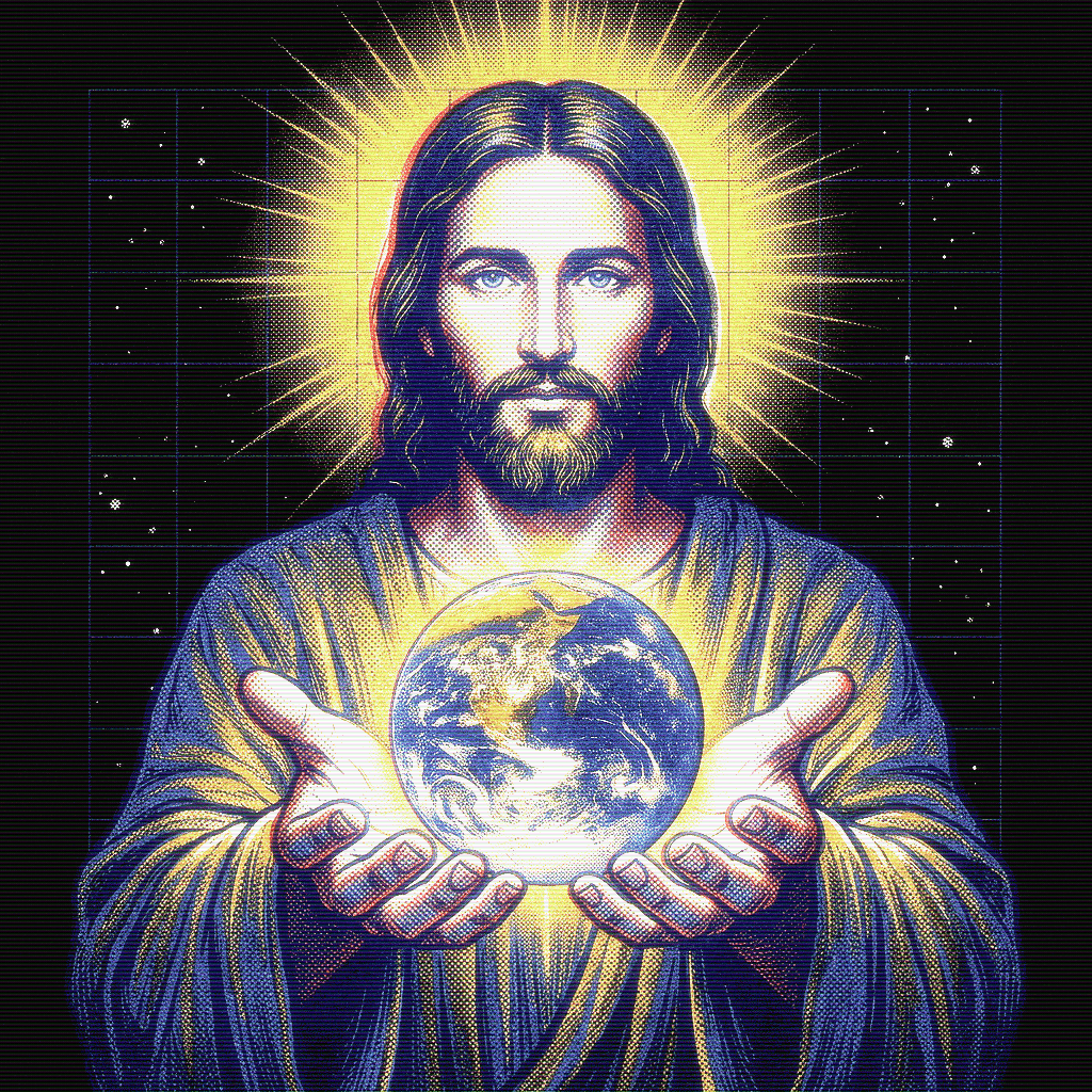 Digital illustration of Jesus Christ holding the Earth in his hands, glowing with a radiant halo, against a starry night sky background.