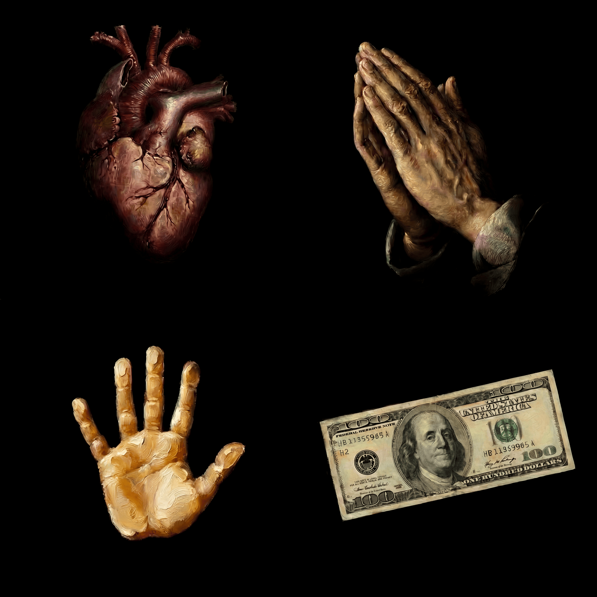 A painted sculpture of a human hand with fingers spread, a human heart and a roll of one hundred dollar bills on a black background.