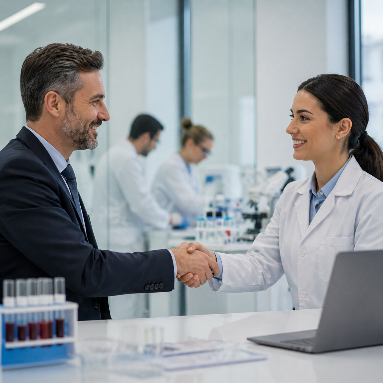 Hombre y mujer en bata de laboratorio dándose la mano en un entorno de laboratorio científico.