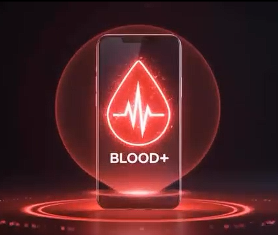 Teléfono móvil con un símbolo de gota de sangre y un latido dentro, acompañado del texto 'BLOOD+' en color rojo.