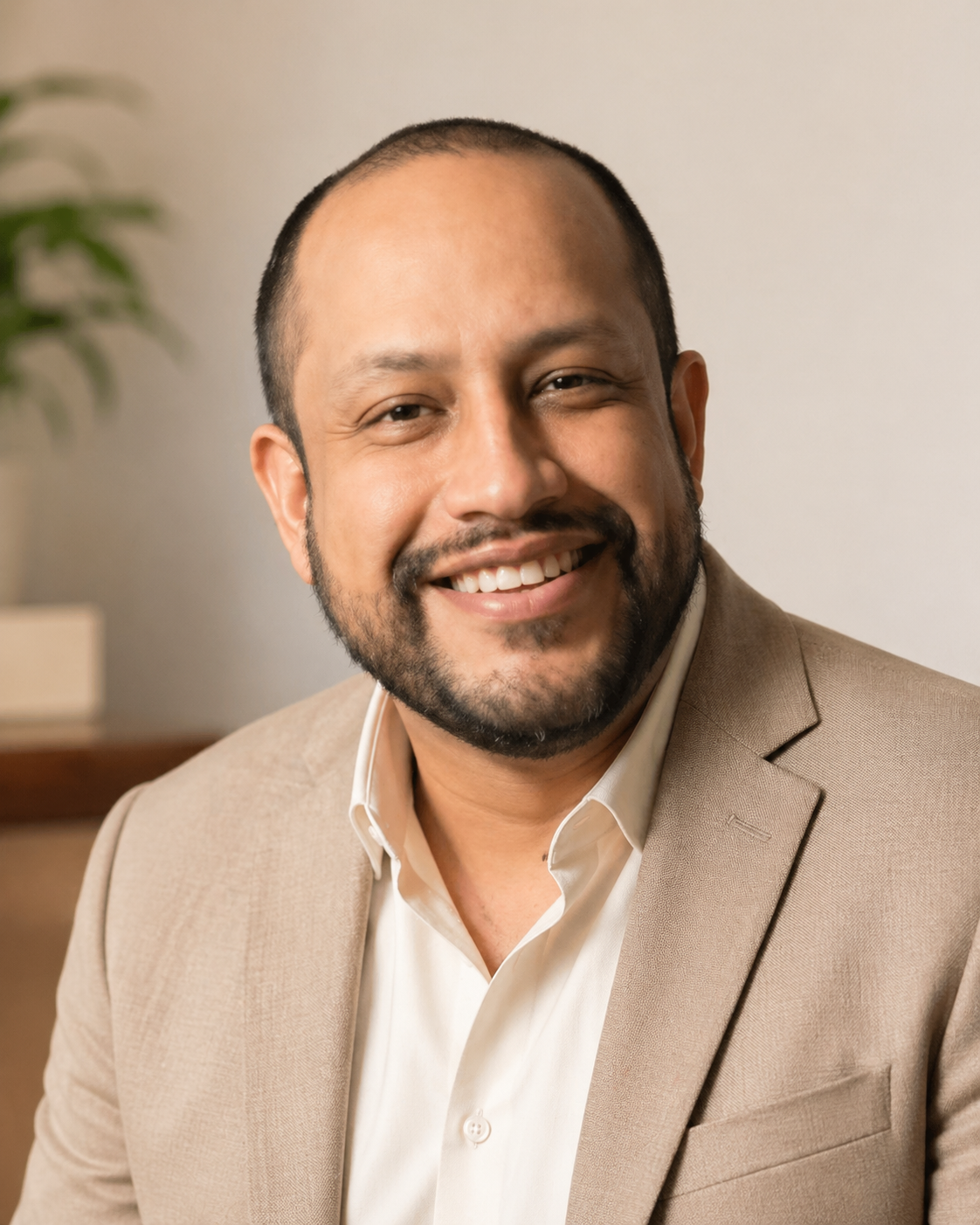 Hombre sonriendo, viste un saco beige y camisa blanca, fondo neutro con planta a la izquierda.