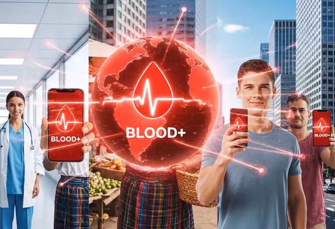 Personas con teléfonos inteligentes que muestran un icono de sangre y un latido del corazón frente a un globo terráqueo con marcas de conexión, en un entorno urbano, promoviendo monitoreo de salud de la sangre.