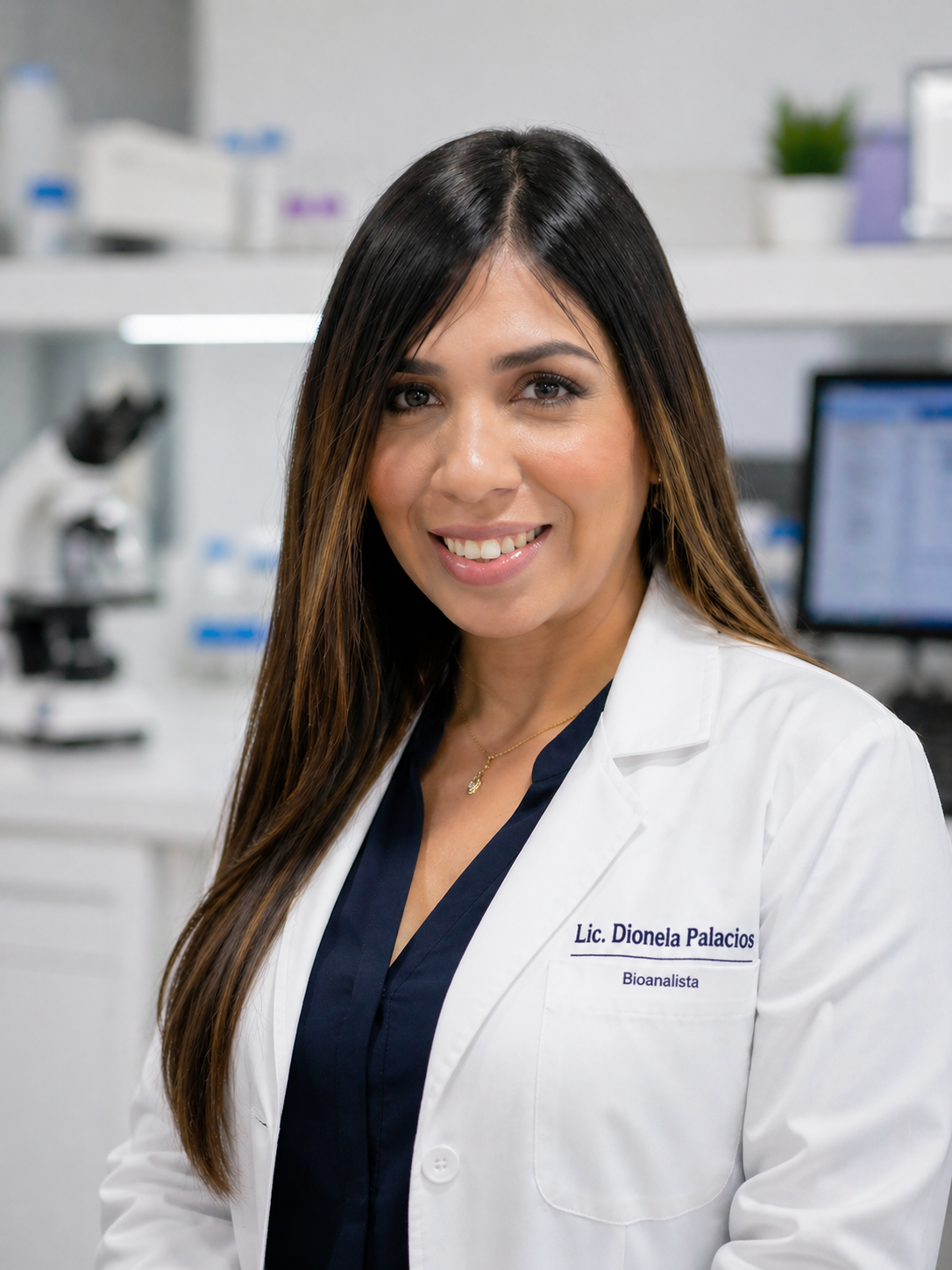 Mujer con bata de laboratorio, en un entorno científico de laboratorio, sonriendo a la cámara.