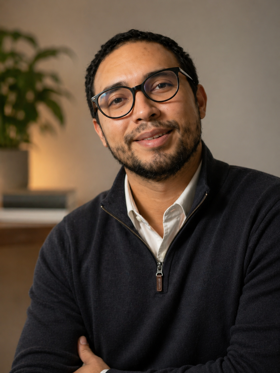 Hombre con gafas, barba y sonrisa en interiores.