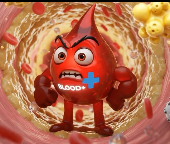 Una gota de sangre antropomórfica con expresión enfadada, tiene brazos y piernas musculosos, y lleva una cruz azul y la palabra 'Blood+'. Se encuentra en un entorno que parece el interior de una vena con glóbulos rojos y otros componentes sanguíneos.