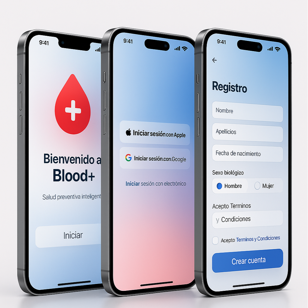 Tres teléfonos móviles mostrando la aplicación Blood+ para registro y control de donaciones de sangre, con pantalla de inicio, inicio de sesión y formulario de registro.