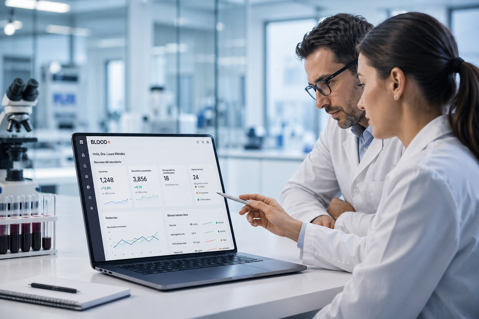 Dos científicos en laboratorio revisando datos de resultados de análisis en una computadora portátil.