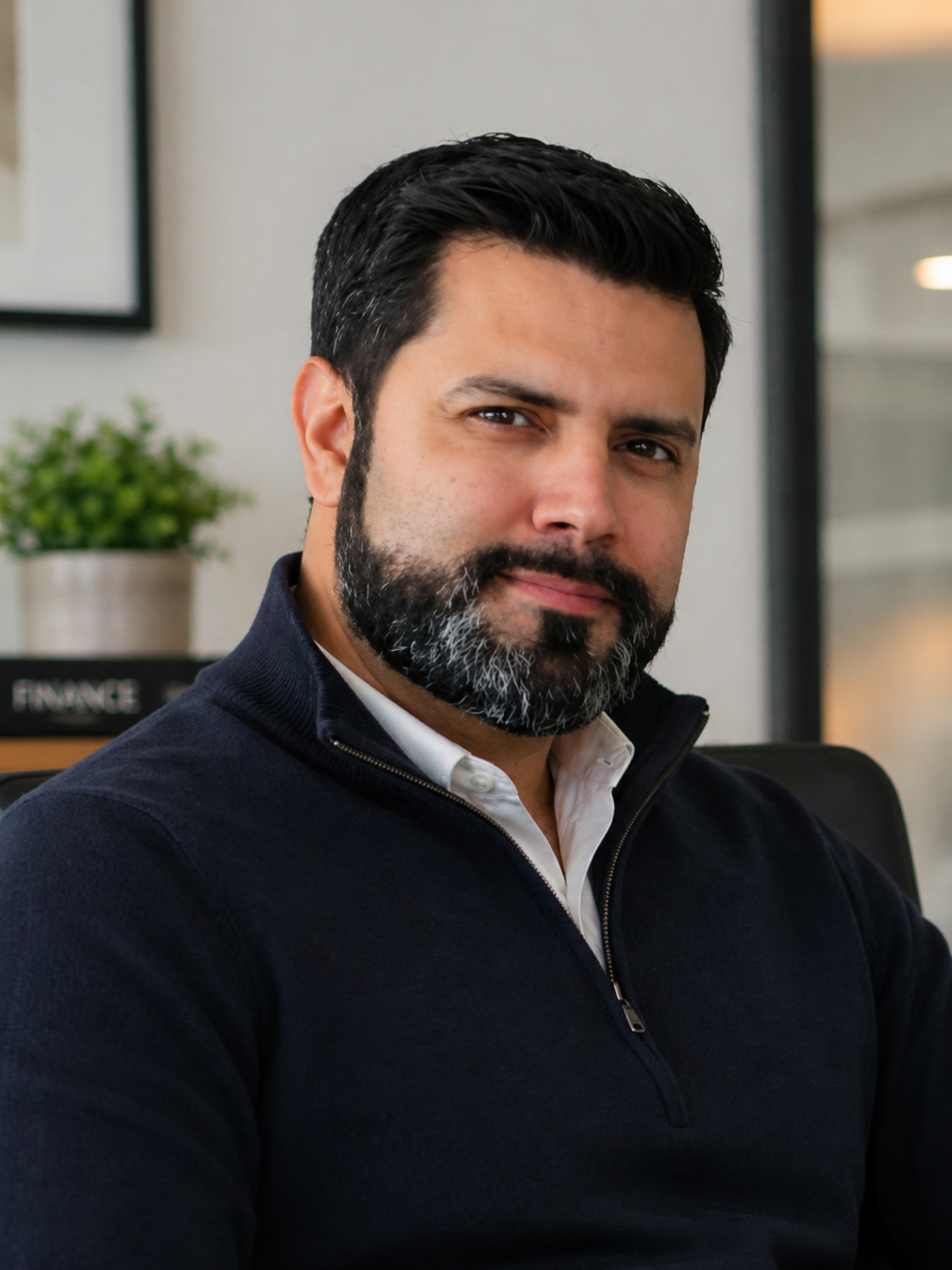 Hombre de complexión media con barba y cabello oscuro, vestido con suéter oscuro y camisa blanca, frente a una oficina moderna.