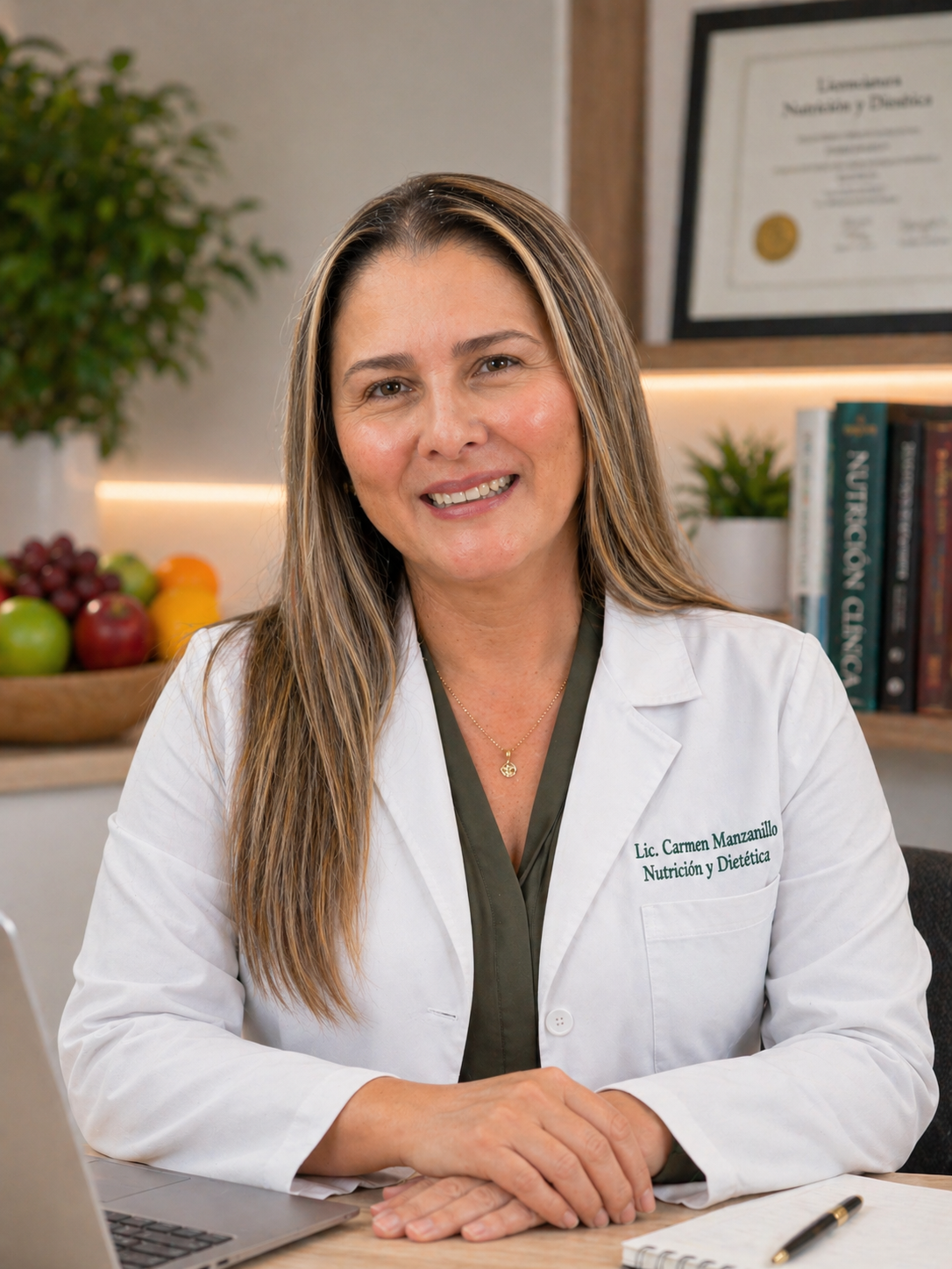 Mujer con bata blanca y cabello castaño claro, sentada en escritorio en una oficina, con diplomas enmarcados y libros detrás, fondo decorativo con plantas y frutas.