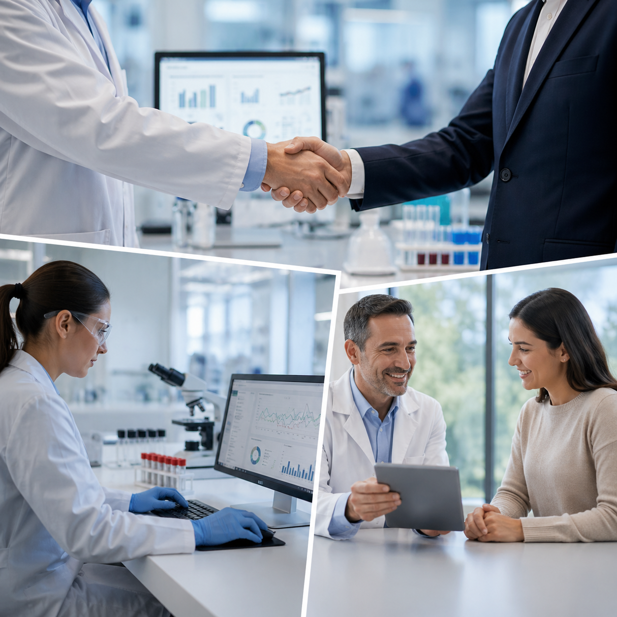 Personas en un laboratorio científico y en una reunión de trabajo, con gráficos en pantallas y un apretón de manos, simbolizando colaboración y acuerdo profesional.