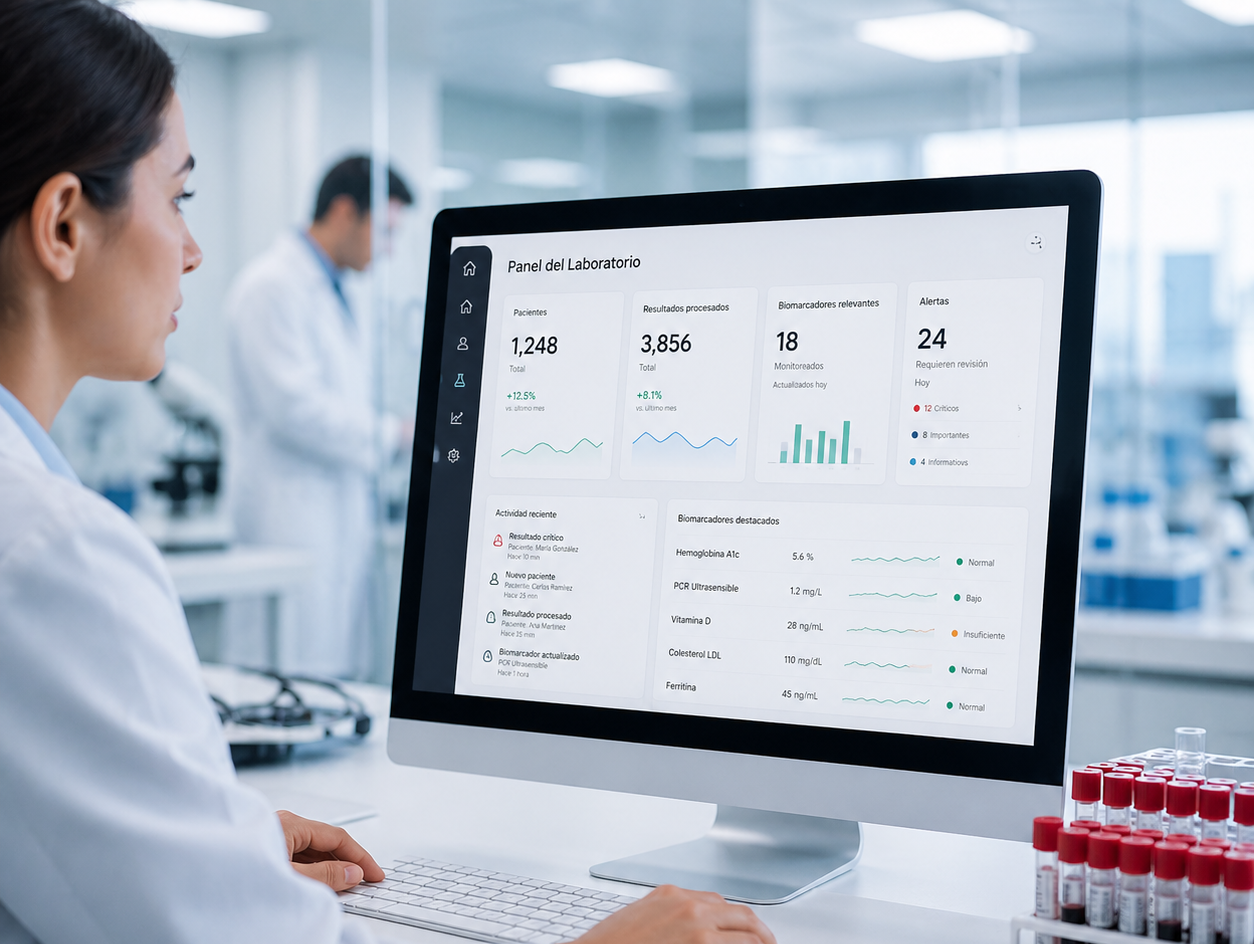 Pantalla de panel de laboratorio con datos de pacientes, resultados procesados y biomarcadores.