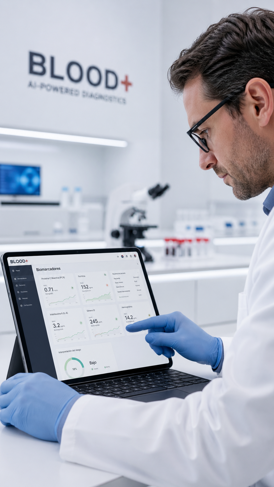 Un científico con gafas y guantes de látex azul revisa resultados de análisis sanguíneo en una tablet en un laboratorio biomédico.