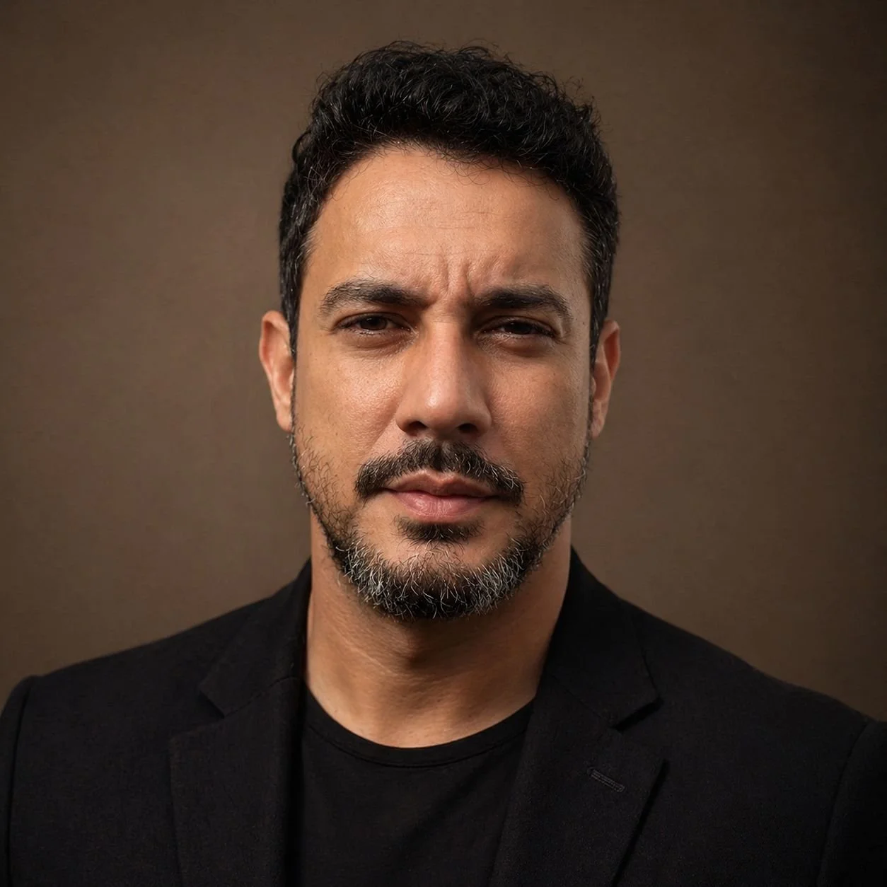 Retrato de un hombre con barba y cabello oscuro, vistiendo ropa negra, con expresión seria, contra un fondo marrón.