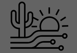 Line drawing of a cactus and a setting sun over a stylized desert landscape with circuit lines.