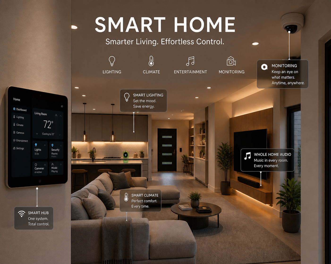 A modern smart home living room with a wall-mounted smartphone displaying a home control app. The image highlights features such as smart lighting, climate control, audio system, security, and monitoring with labels explaining each feature, including smart hub, smart lighting, smart climate, whole home audio, and monitoring.