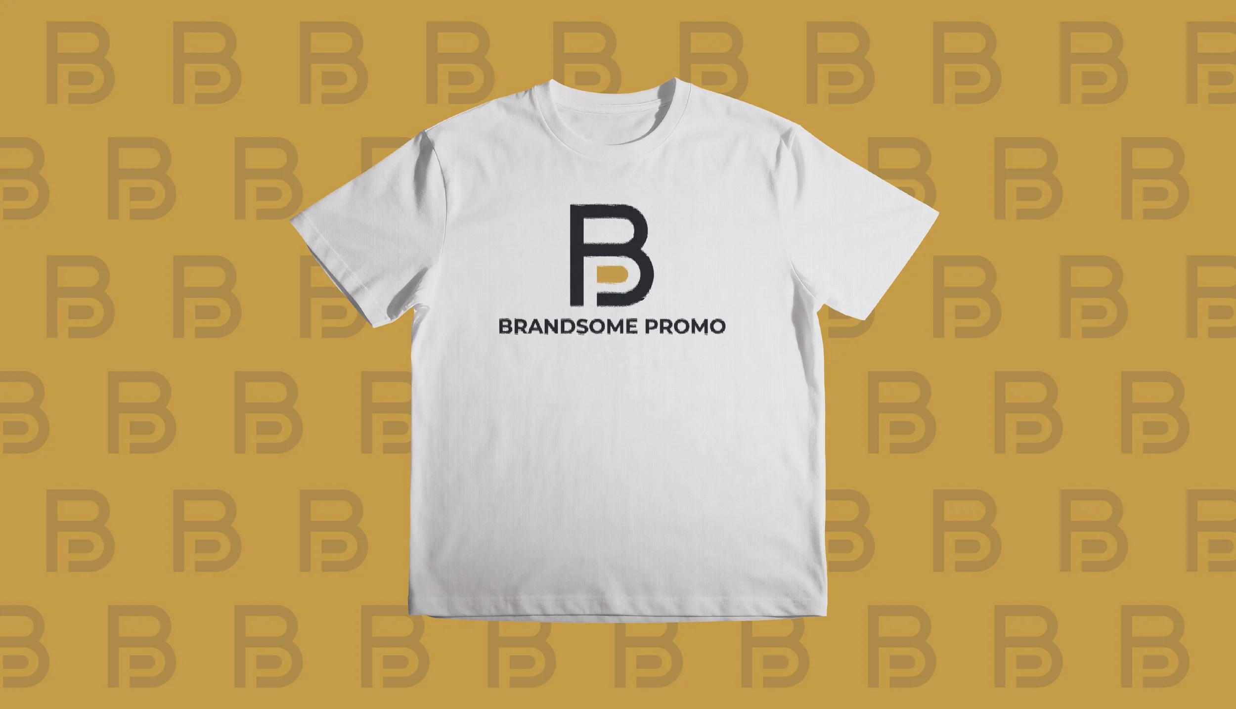 White T-shirt with black logo and text reading 'BRANDSOME PROMO' on an orange background with a repeating pattern of the same logo.