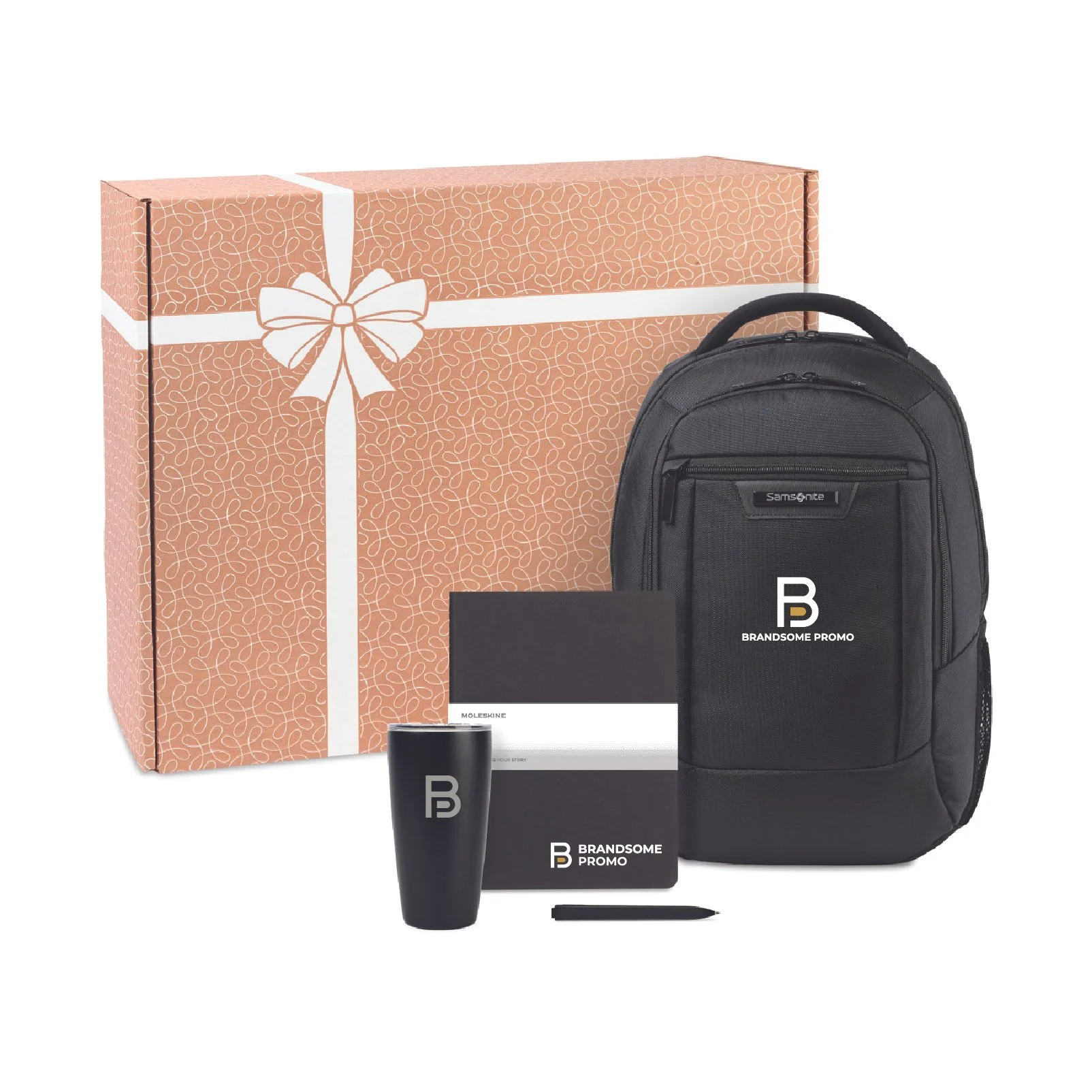A black backpack, a black tumbler with a logo, a black gift box, and a black notebook, all branded with a white and gold 'B' logo, in front of a large pink gift box with a white ribbon and bow.