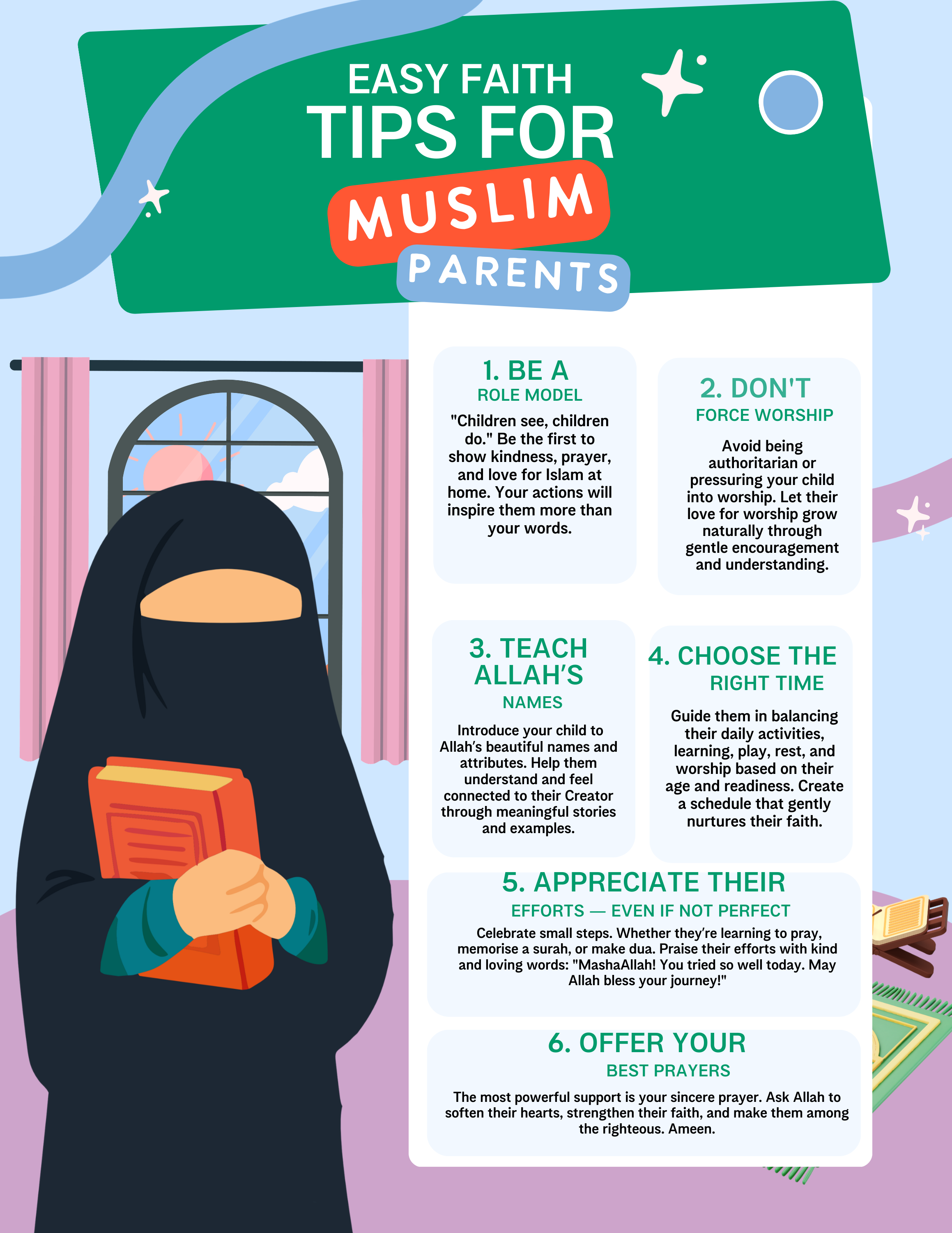 A colorful infographic titled "Easy Faith Tips For Muslim Parents" with six tips: 1. Be a Role Model, 2. Don’t Force Worship, 3. Teach Allah’s Names, 4. Choose the Right Time, 5. Appreciate Their Efforts, 6. Offer Your Best Prayers. It features an illustration of a woman reading a book by a window at sunset, with some school supplies surrounding her.