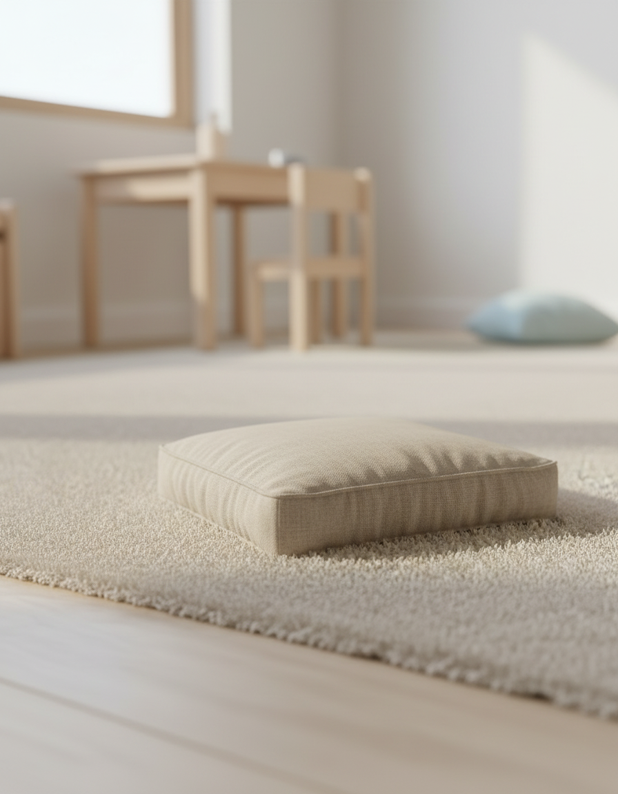 A beige floor cushion on a light-colored rug in a softly lit room with light wood furniture and a pillow in the background.
