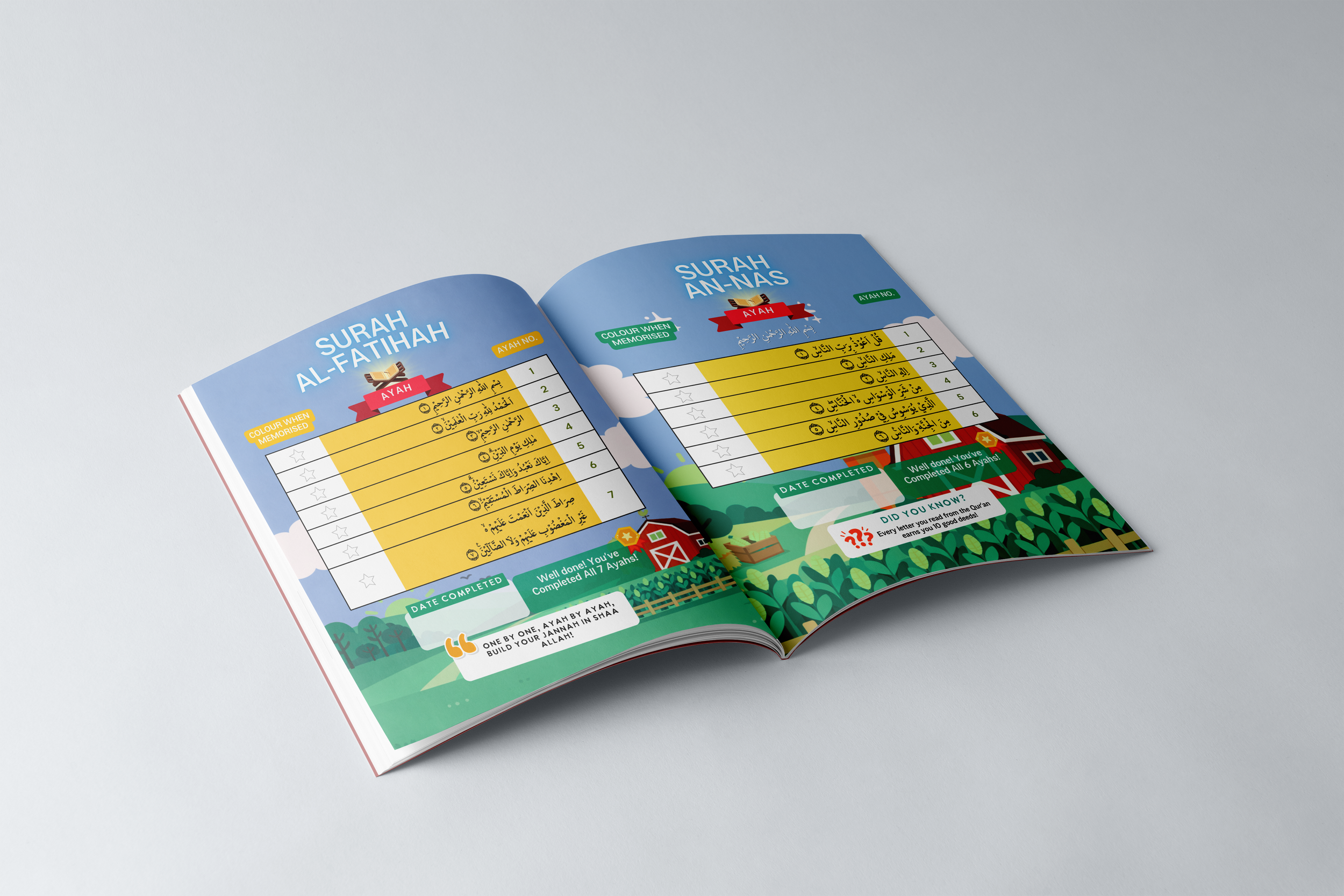 Open colorful booklet with religious content, including Surah Al-Fatihah and Surah An-Nas, with illustrations of a farm, trees, and a farmyard scene.