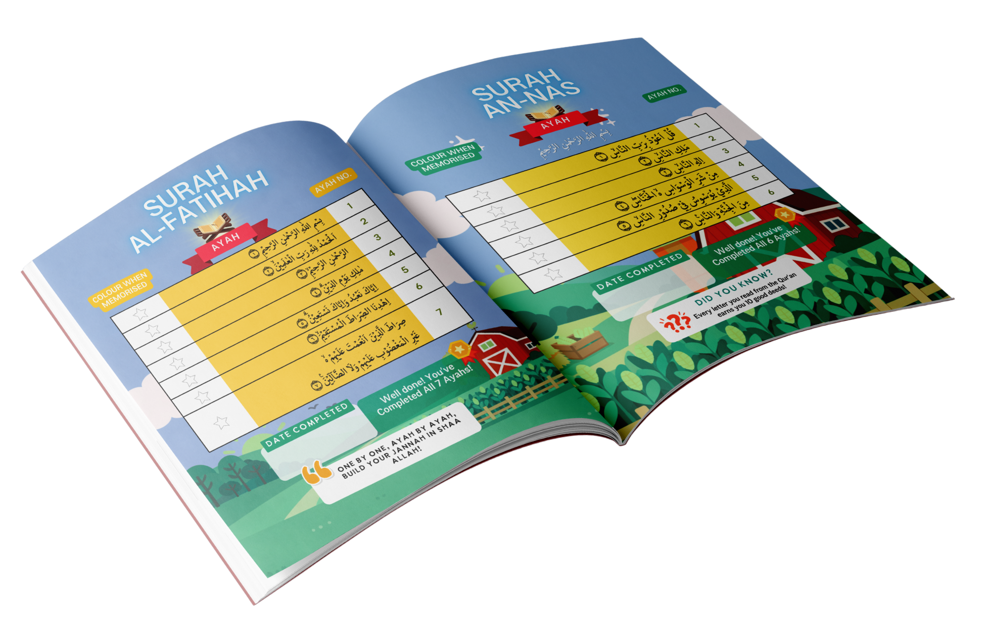 Open children's book showing pages with Surah Al-Fatihah and Surah An-Nas in colorful illustrations and Arabic text, with checkboxes to color when memorized and sections for date completion. Track Quran Success short surahs for muslim children, kids