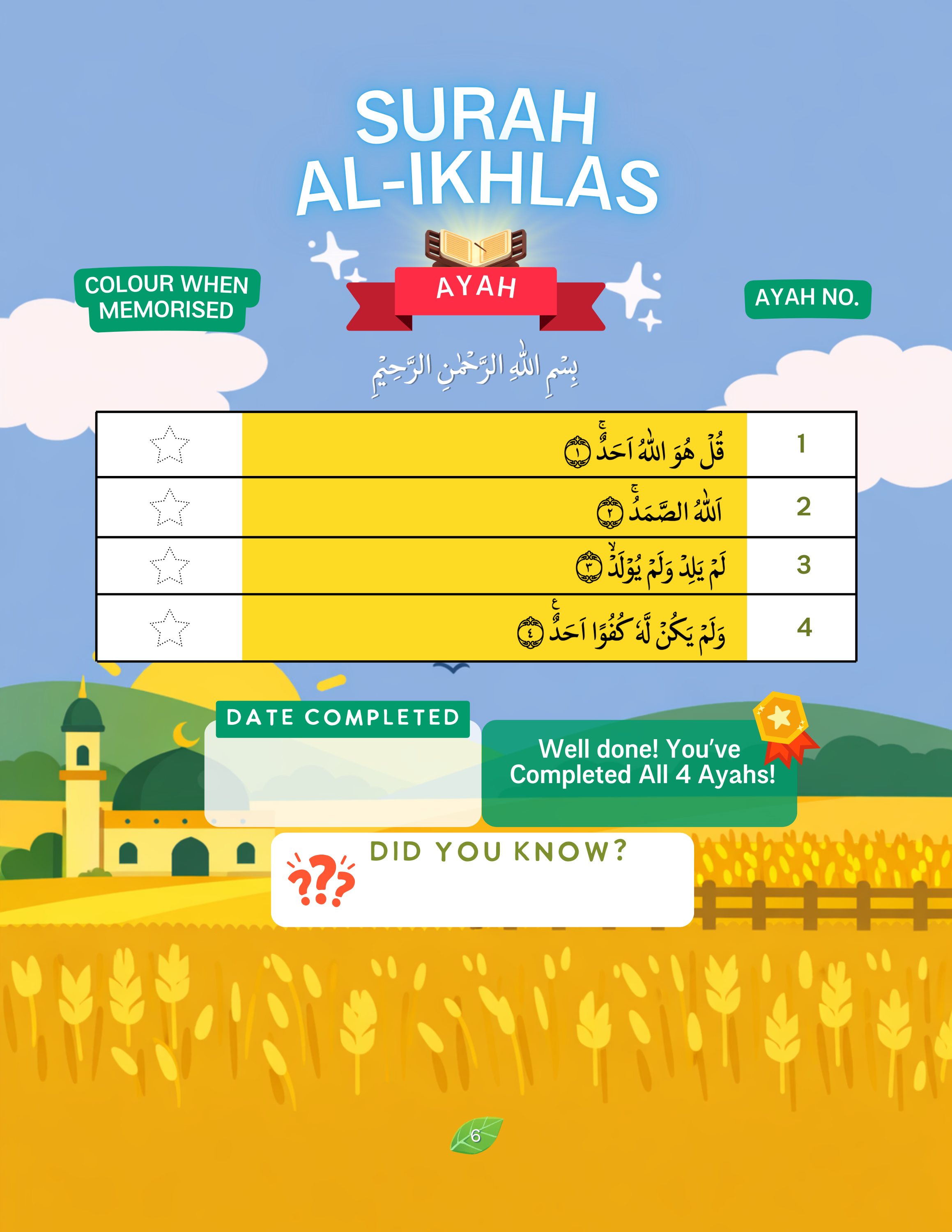 Colorful educational poster about Surah Al-Ikhlas from the Quran, featuring a blue sky with clouds, green landscape, and fields of wheat, with sections of Arabic text, numbered for memorization, and flags indicating 'Color when memorized' and 'Ayah no.'
