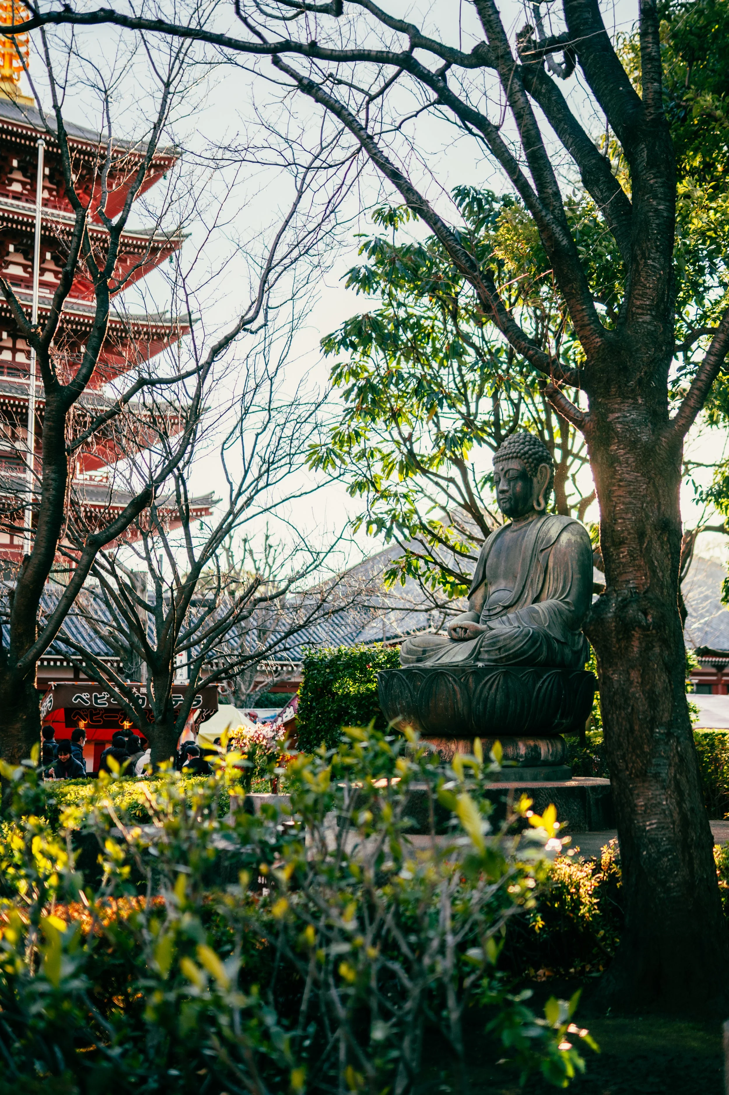 A large Buddha statue seated outdoors among trees with a traditional Japanese pagoda in the background, at a temple or cultural site during daytime.