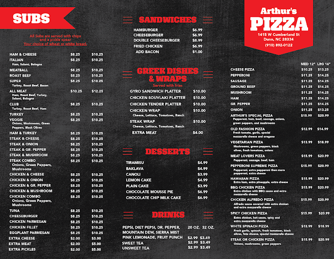 Menu board for Arthur's Pizza displaying sections for Submarines, Sandwiches, Greek Dishes & Wraps, Desserts, and Drinks, with prices listed for various items.