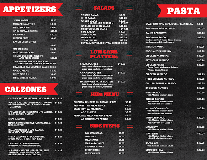 Menu of appetizers, salads, pasta, calzones, kids menu, side items and low carb platters at a restaurant.