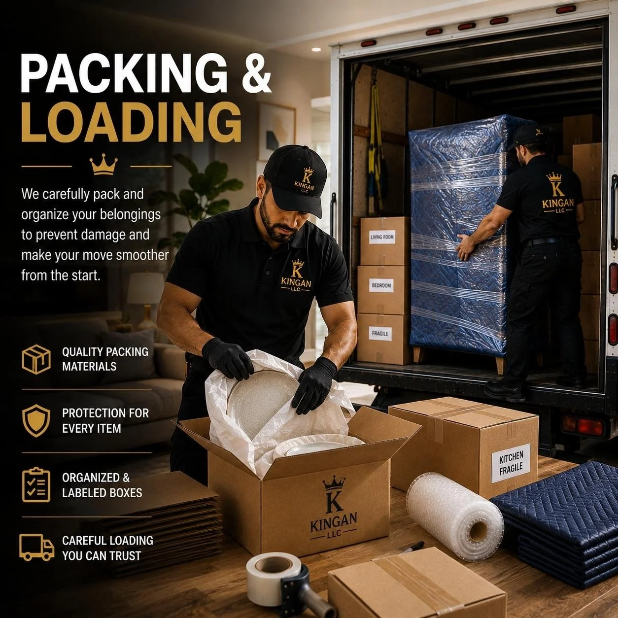 Home packing help in Maple Valley Washington carefully boxing belongings and preparing items for moving day