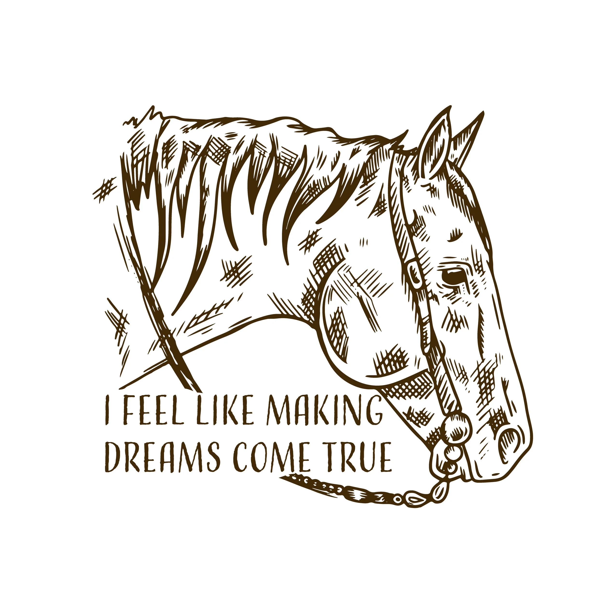 Line art illustration of a hand holding a pennant banner that reads 'Feel Like Making Dreams Come True'.