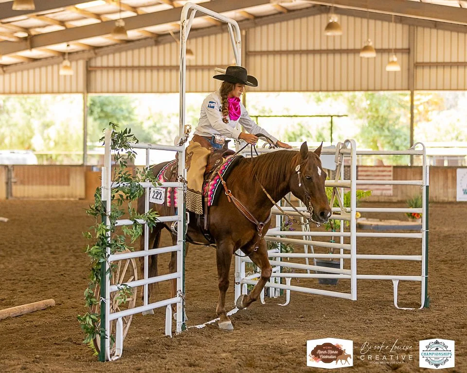A woman in Western riding gear guiding a brown horse through a gate in an indoor arena used for equestrian events.