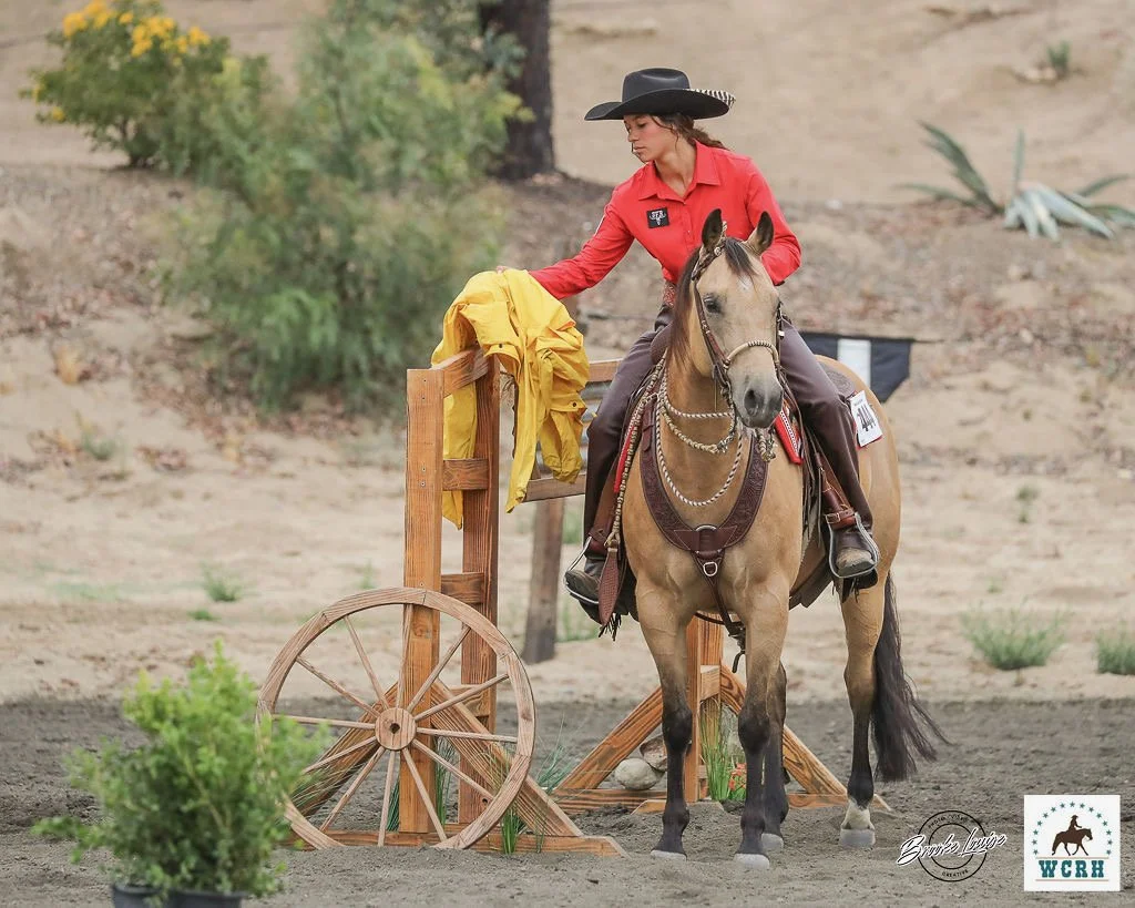 A woman in a red shirt and black cowboy hat riding a beige horse with black mane. She is preparing to cross a wooden obstacle with yellow cloth, surrounded by a potted plant and desert landscape.