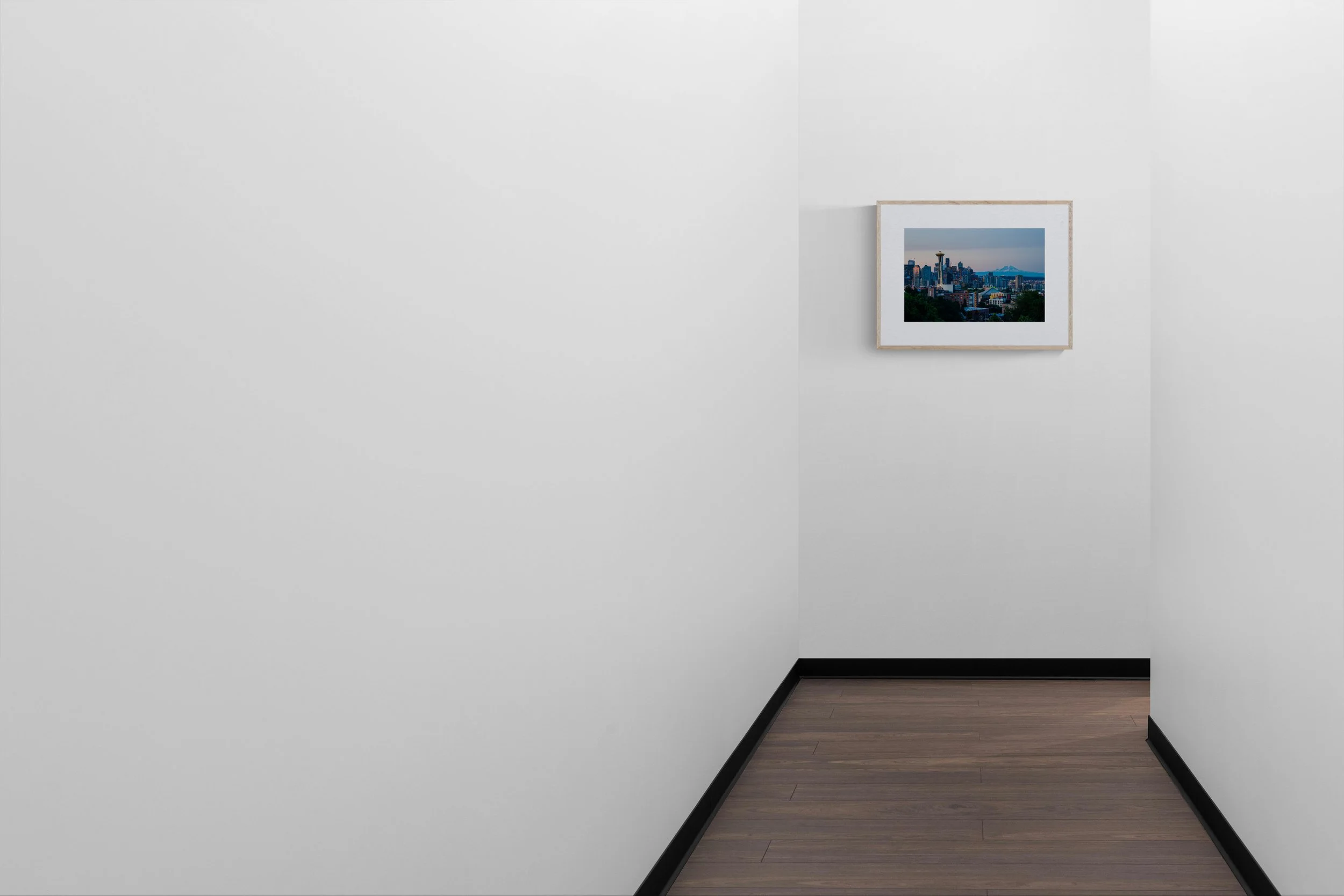 Seattle & Mount Rainier framed in natural wood - display mockup