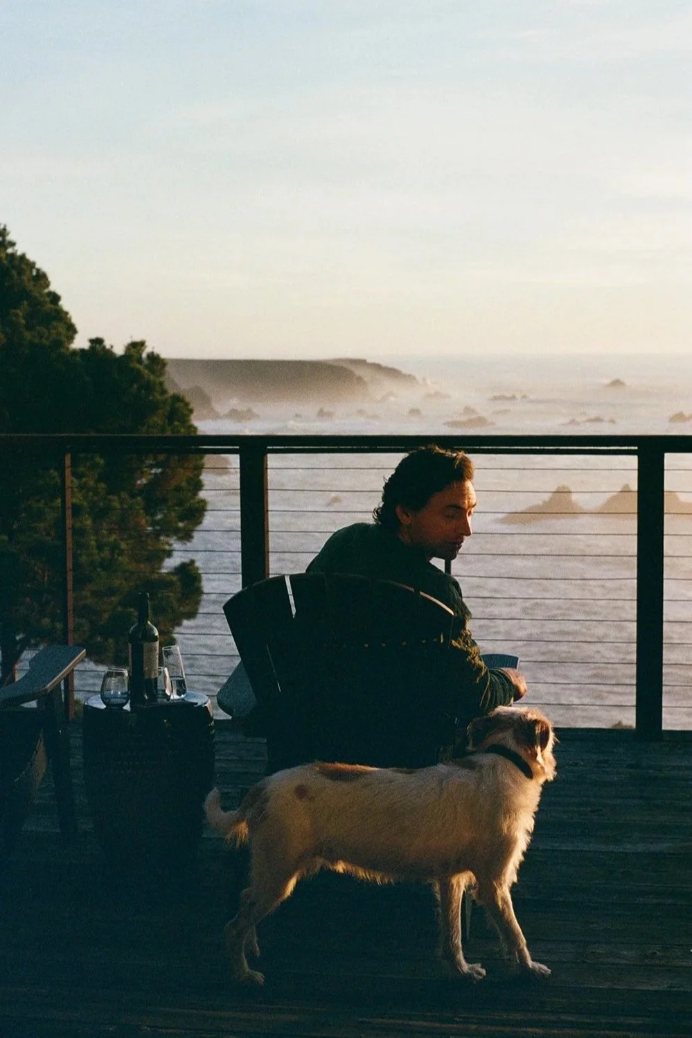 A man sitting on a deck with a dog, overlooking a foggy ocean at sunset, with wine glasses and a bottle on a table nearby.