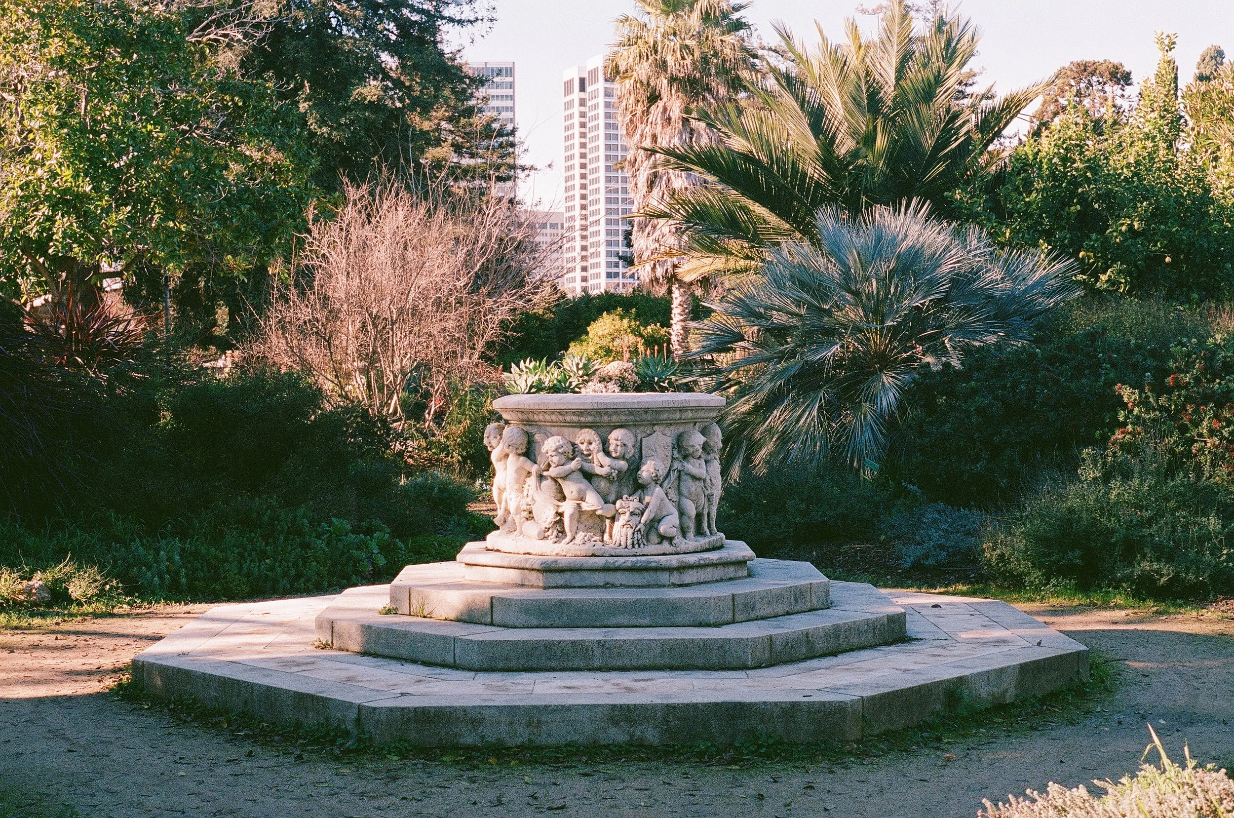 A stone sculpture featuring children playing, located outdoors in a garden with tropical plants, palm trees, urban buildings visible in the background, and a paved circular platform.