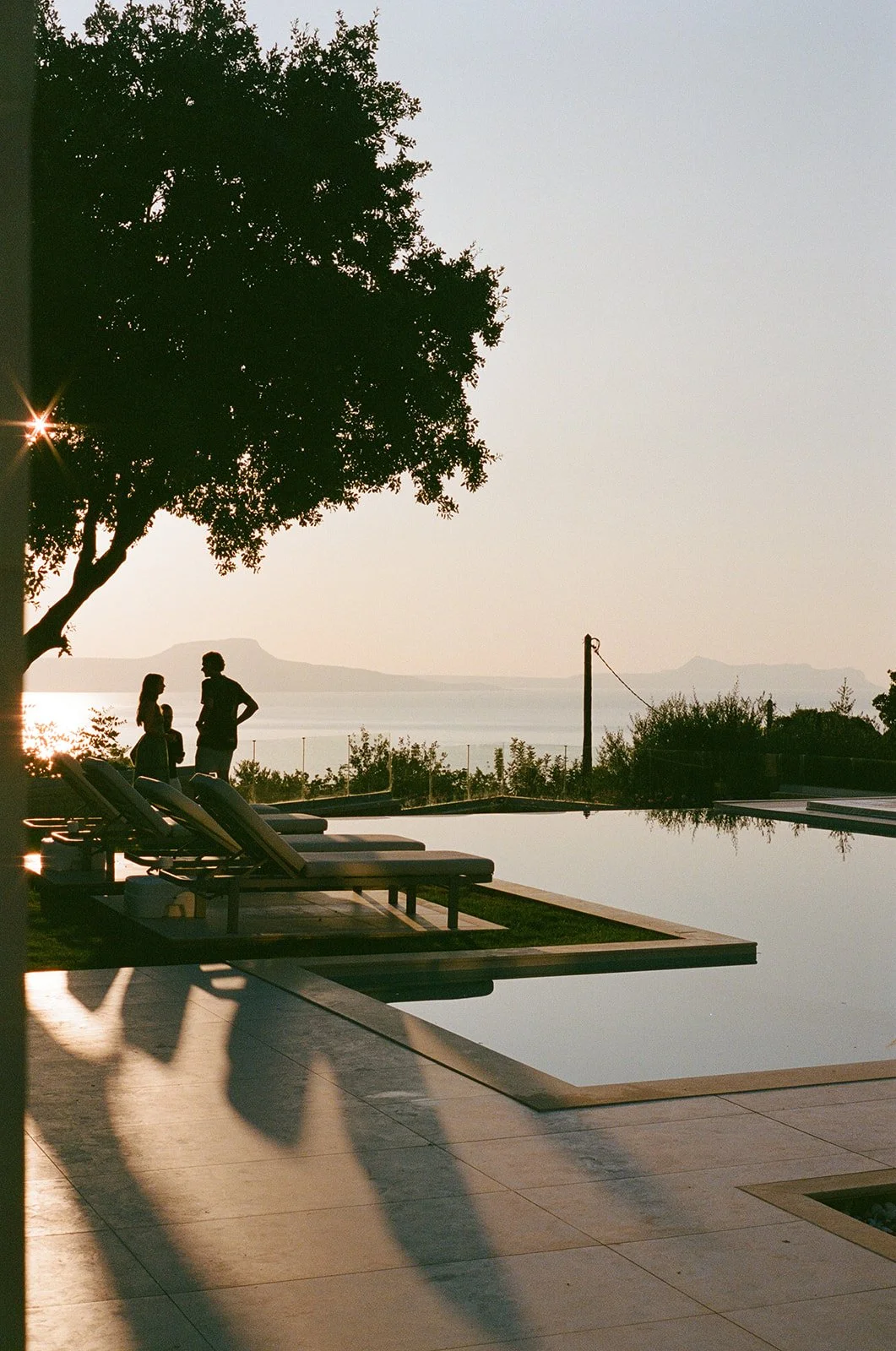 Silhouettes of three people by a poolside with a large tree, overlooking a body of water at sunset.