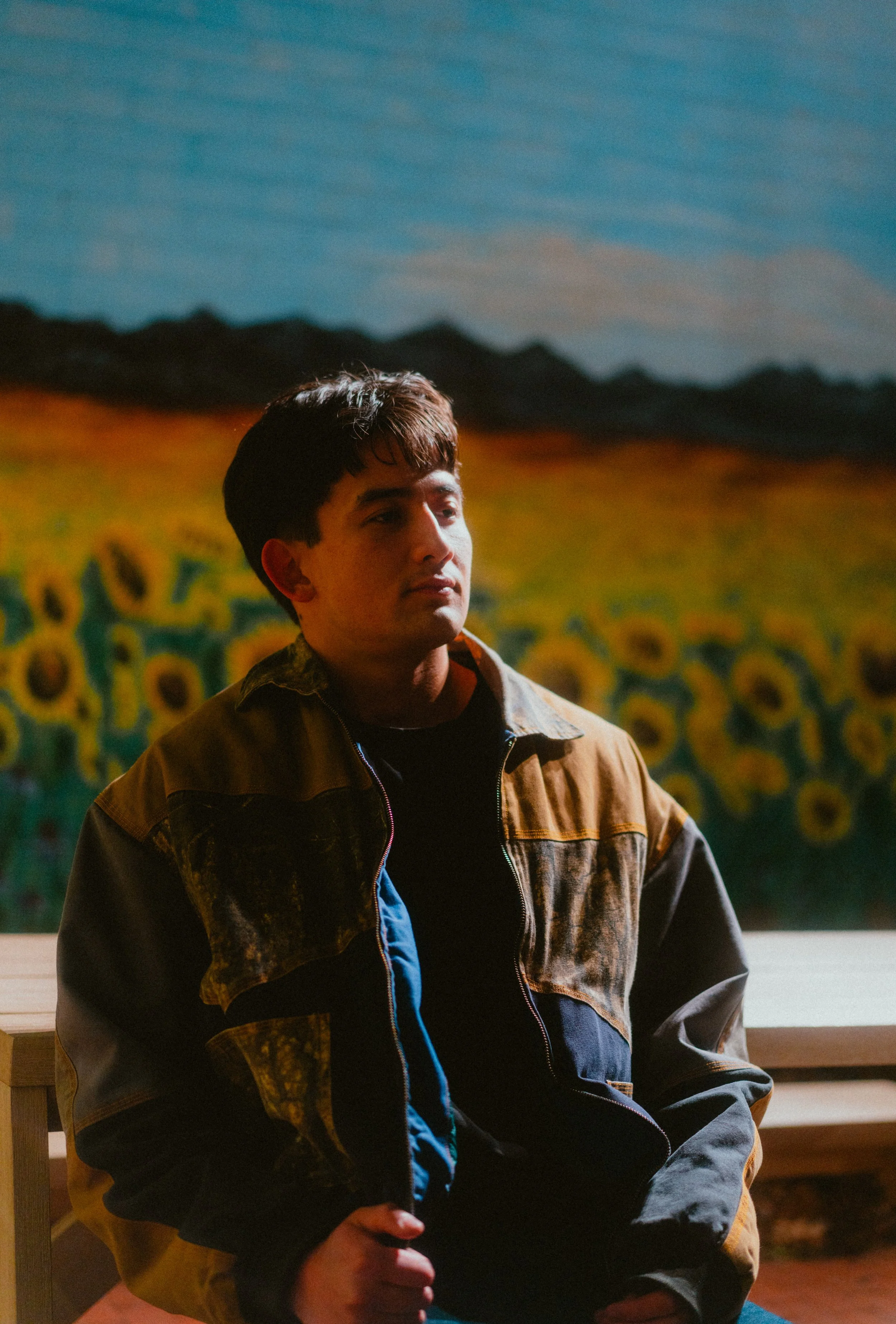 A young man with dark hair and light skin sitting on a wooden bench, wearing a brown and beige jacket, with a sunflower field and mountain silhouette in the background during evening.