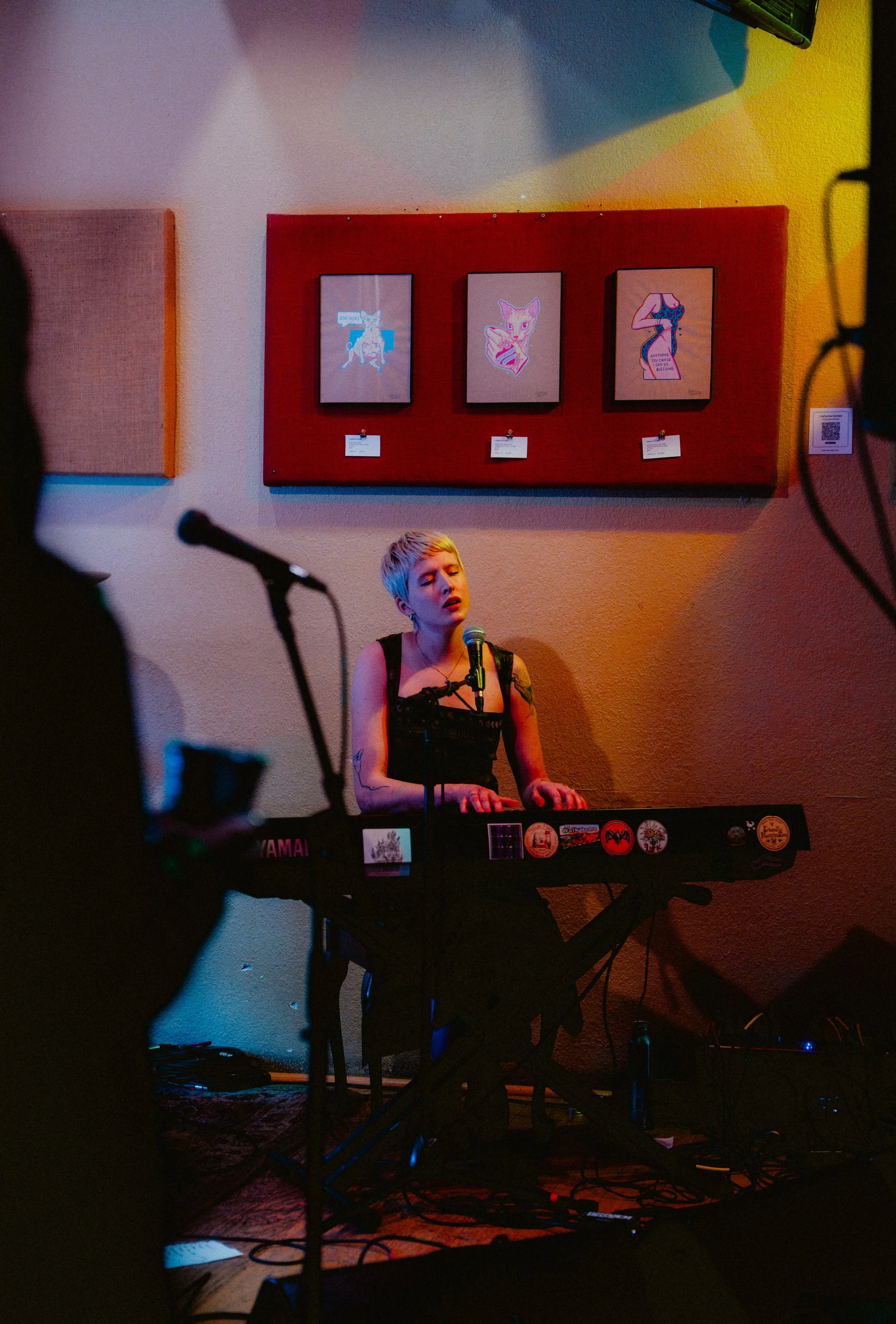 A woman with short blonde hair singing or speaking into a microphone while playing a keyboard during a live performance. She is in a dimly lit room with colorful lighting. Behind her, three framed illustrations of cats are hung on a red panel on the 
