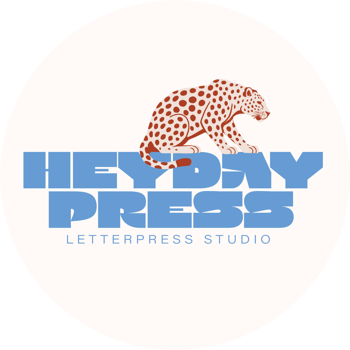 Logo for heyday press letterpress studio featuring a stylized illustration of a leaping cheetah above blue block letters spelling 'HEYDAY PRESS' and the words 'LETTERPRESS STUDIO' below.
