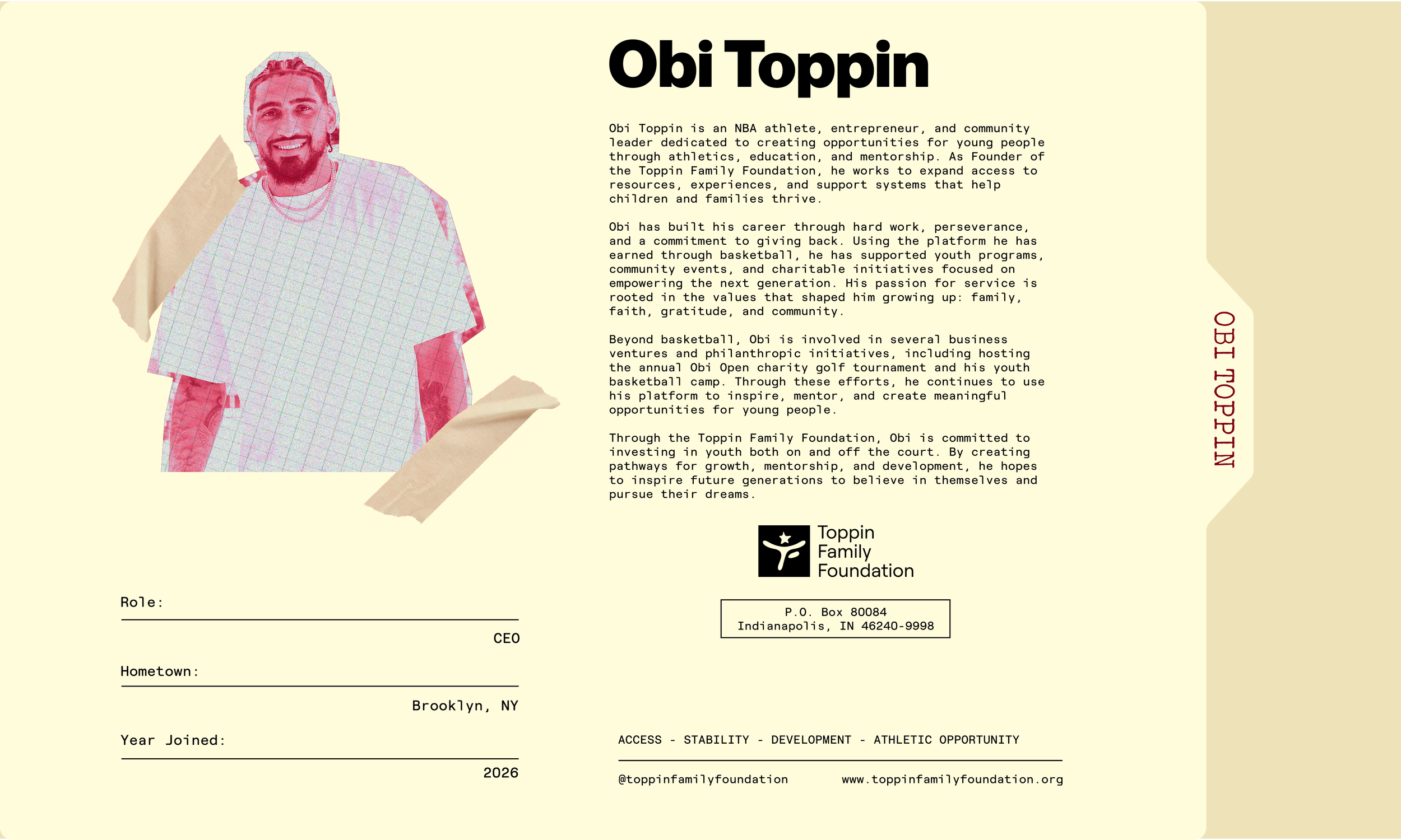 A personalized profile page for Obi Toppin featuring a stylized photo of him smiling, his name in bold black letters, a description of his background as an NBA athlete and community leader, and the logo of the Toppin Family Foundation. The page includes details about his career, community involvement, and foundation work, with contact information at the bottom.
